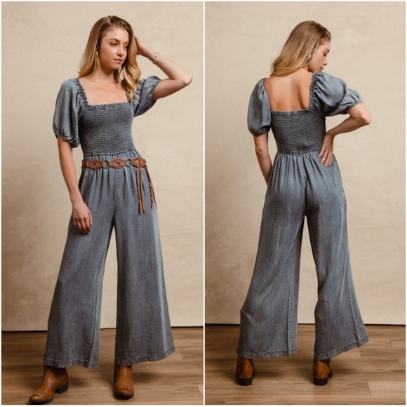 Bibi Dark Wash Smocked Square Neck Puff Sleeve Wide leg Jumpsuit - Picture 2 of 4